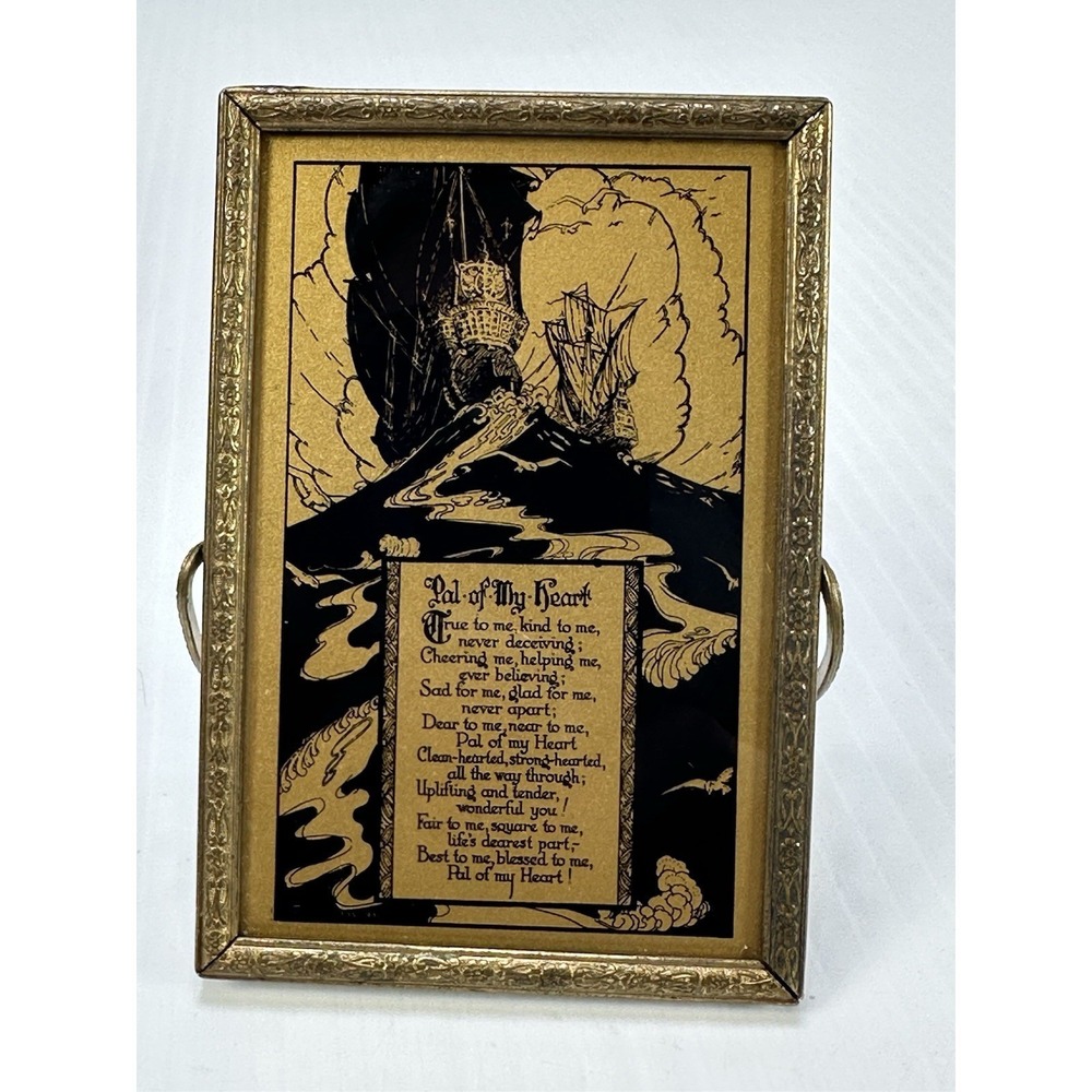 Vintage 1930 Hand Held Mirror Gold Black Ships Poem Pal of My Heart 3.5" X 2.5"